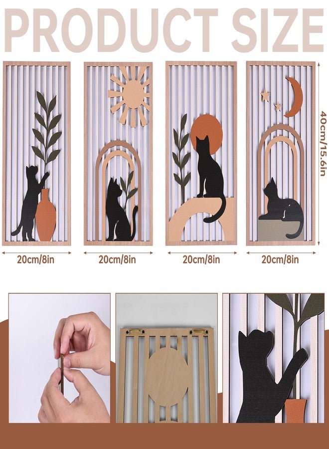 SHENGTIAN 4 Piece Unique Wall Art Set, Aesthetic Cat Art - Geometric Boho Wood Art, Black/Funny Cat Prints, Mid Century Modern Style, for Farmhouse/Office/Bedroom/Living Room, Narrow Vertical Design - Image 3